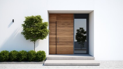 Clean entrance door by wooden with perfect matching white wall to make it homey. Generative AI Technology 