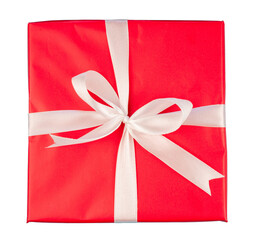 red gift box with white bow isolated from above