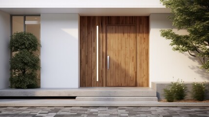 Clean entrance door by wooden with perfect matching white wall to make it homey. Generative AI Technology 