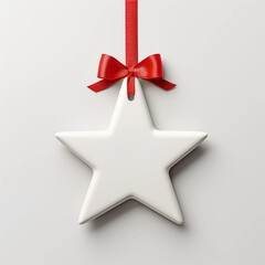 Fototapeta na wymiar Blank white empty star price tag, white note or gift card mock up with red gift ribbon bow on grey wall background with shadow, Merry Christmas and New Year decoration, Generative AI.