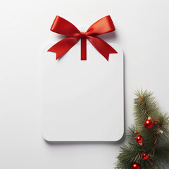 Blank white empty price tag, white note or gift card mock up with red gift ribbon bow on grey wall background with shadow, Merry Christmas and New Year decoration, Generative AI.