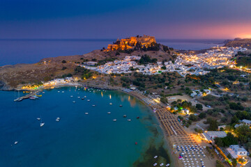 Panoramic view of St. Paul bay and acropolis of Lindos, Rhodes island, Greece - obrazy, fototapety, plakaty