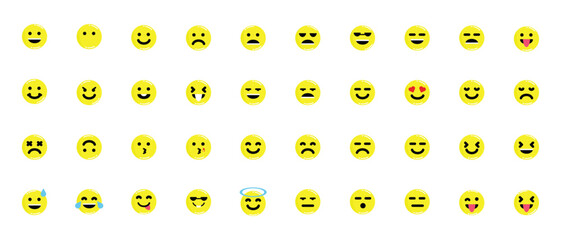 emoticons collection random expression flat design on yellow circle background, vector illustration