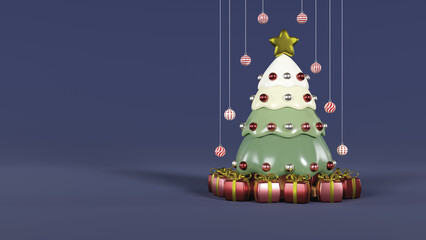 Merry christmas background. 3d Christmas tree and gift box on blue background with copy space