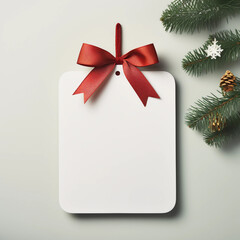 Blank white empty price tag, white note or gift card mock up with red gift ribbon bow on grey wall background with shadow, Merry Christmas and New Year decoration, Generative AI.