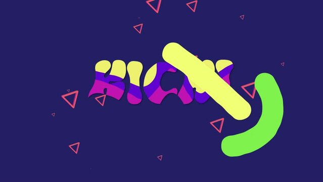 Animation of kick text in purple and yellow distorting with red triangles on dark background