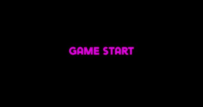 Animation of game start text in pink with glowing pink and blue loading ring on black