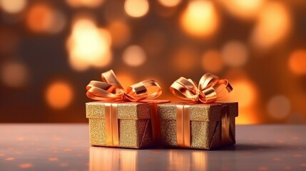 Christmas banner with glowing giftboxes sparkling bokeh, minimal style, copy space