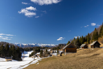 Typical wooden log cabins in Gorjuse, Triglavski national park, Slovenia