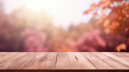 Empty Wooden surface for presentation with blurred autumn garden and flowers background, mockup, Space for presentation