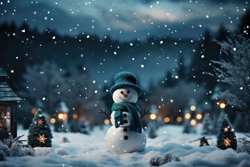 Fototapeta premium Snowman with blue woolen scarf and hat stands under snowfall, Merry Christmas background