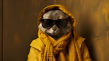 Modern-day hare dressed in perfectly tailored clothes and stylish sunglasses, showcasing its adaptation to the contemporary world