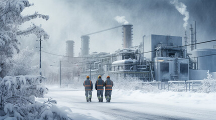 Workers at a power plant during a winter snowstorm,  braving the cold - obrazy, fototapety, plakaty