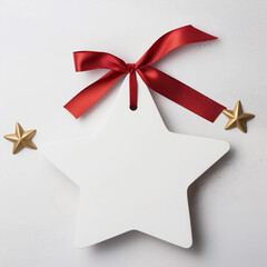 Blank white empty price tag, white note or gift card mock up with red gift ribbon bow on grey wall background with shadow, Merry Christmas and New Year decoration, Generative AI.