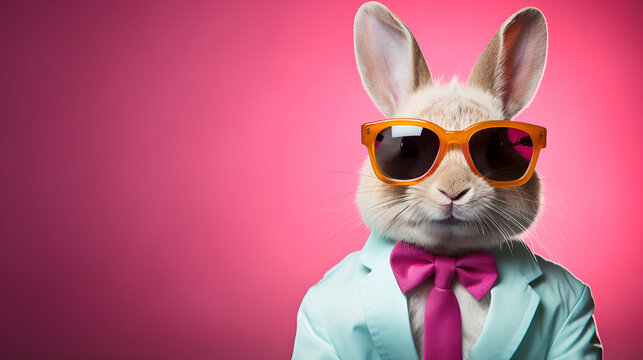 cute soft professional rabit wearing coat blazer and sunglasses on pink background