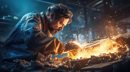 A foundry worker carefully inspects molten metal,  sparks flying
