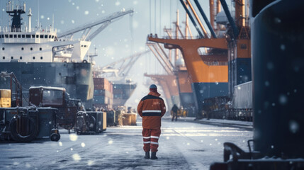 Workers in a snowy shipyard,  clearing decks as snowflakes fall