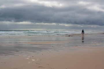 Fototapeta na wymiar A person is walking along the shore of a deserted beach on a cloudy day