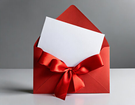 Blank white gift card with red ribbon bow or gift voucher in open red envelope isolated on white grey background with shadow minimal concept