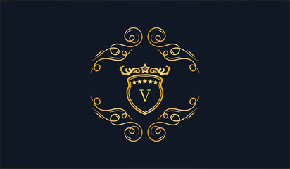 Luxury Golden Wedding Card Logo Blue Background V