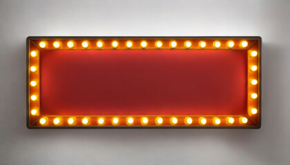 Red retro billboard lightbox or blank shining signboard with yellow glowing neon light bulbs isolated on white wall background with shadow - obrazy, fototapety, plakaty