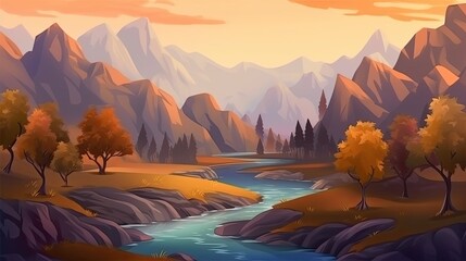 Game scene concept: forest, mountain and stream views in orange tones in autumn.