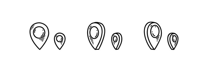 Set of doodle location pin icons in different dimensions. Hand drawn sketch gps location marker. Travel navigation pointer. Turned road mark