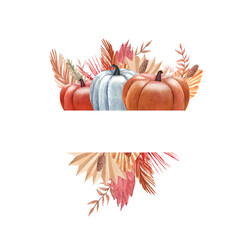 Watercolor pumpkins orange and blue color and bouquet, autumn leaves. Thanksgiving Day dinner concept. Hand-drawn illustration isolated on white background. Perfect for menu, card, frame