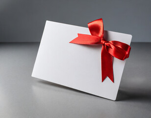 Blank white gift voucher with red ribbon bow or empty gift signboard isolated on grey background with shadow minimal conceptual