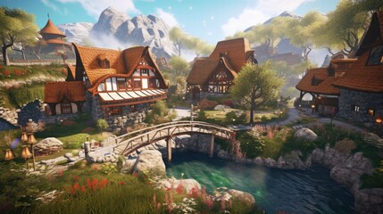 Obraz premium Landscape concept game fantasy village It is in the middle of a valley that looks flowing and magical.