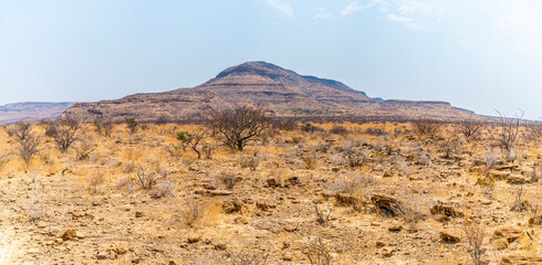A view over the dry arid landscape near Khorixas in Namibia during the dry season