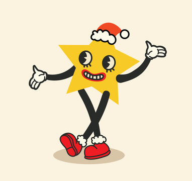 Christmas Retro Collection 30s Cartoon Mascot Characters. Christmas Star And In 50s, 60s Old Animation Style. Vintage Comic Merry Christmas Isolated Vector.