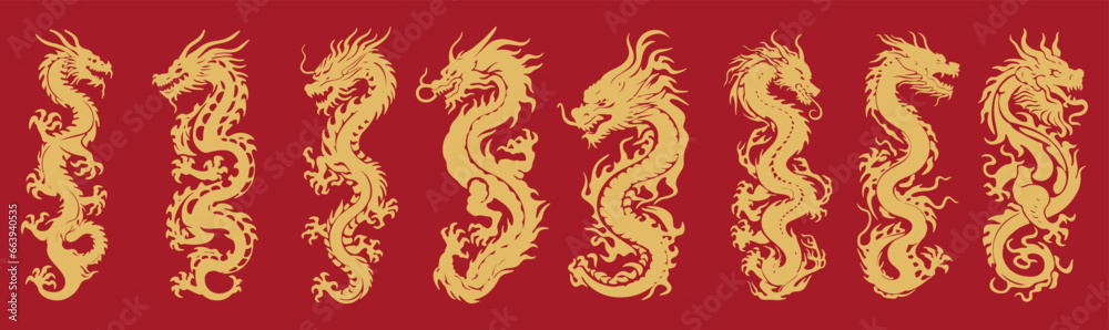 Wall mural set of illustration of chinese traditional ancient dragon in a gold color isolated on a red background,