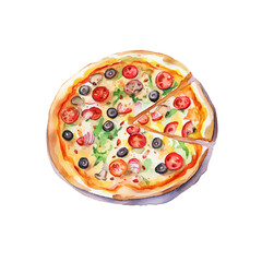 Hand drawn slice of pizza. Watercolor sketch isolated on white background. Vector illustration for food design.
