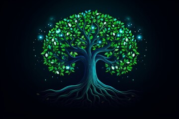 A vibrant green tree with radiant leaves against a dramatic black backdrop