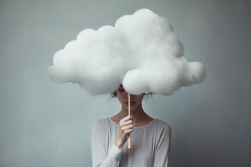 A sad woman hidden behind a cloud, concept of loneliness and depression - obrazy, fototapety, plakaty