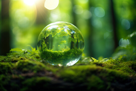 Glass ball in green forest with sunlight. Environment and Earth Day concept