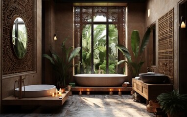 Fototapeta na wymiar 3d render of ethnic interior bathroom