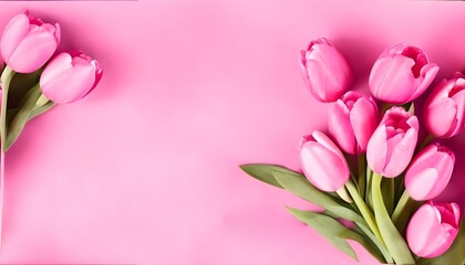 Bouquet of pink tulips on pink background with copy space