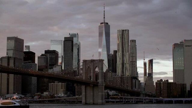 Telephoto Shot of Brooklyn Bridge and Downtown Manhattan at Dusk