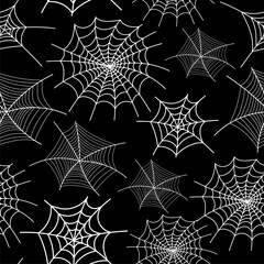 Cobweb pattern. Halloween seamless print of spider web, monochrome gothic horror net trap for wrapping paper