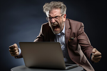 Angry  businessman working on laptop, created by generative AI technology
