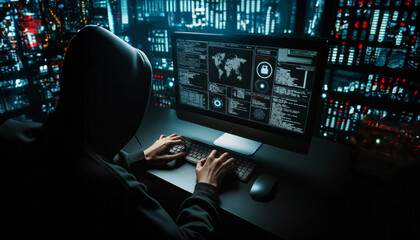 A hacker sitting in front of a computer. Hacking into a system. Cyber espionage. Viruses, Malware and cryptolockers. Cybersecurity concept. Cyber awareness training. Network operations. Server room. - obrazy, fototapety, plakaty