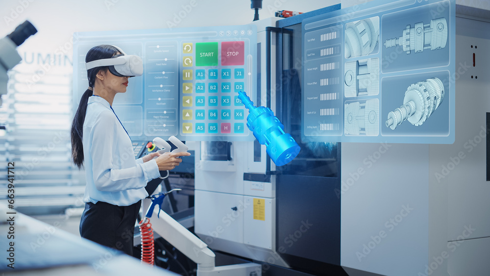 Aufkleber female engineer wearing virtual reality headset and operating a heavy industry machine with controll