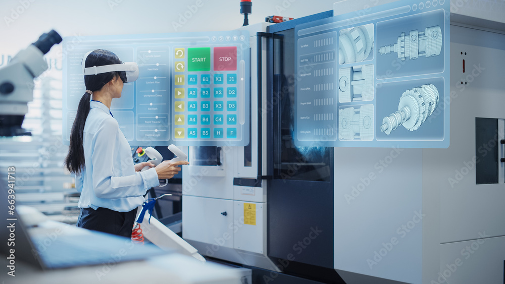 Fototapete Female Engineer Wearing a Virtual Reality Headset and Operating a Heavy Industry Machine with Controllers at a Factory. Digital Visualization of a Technician Configuring Industrial Machinery with VR