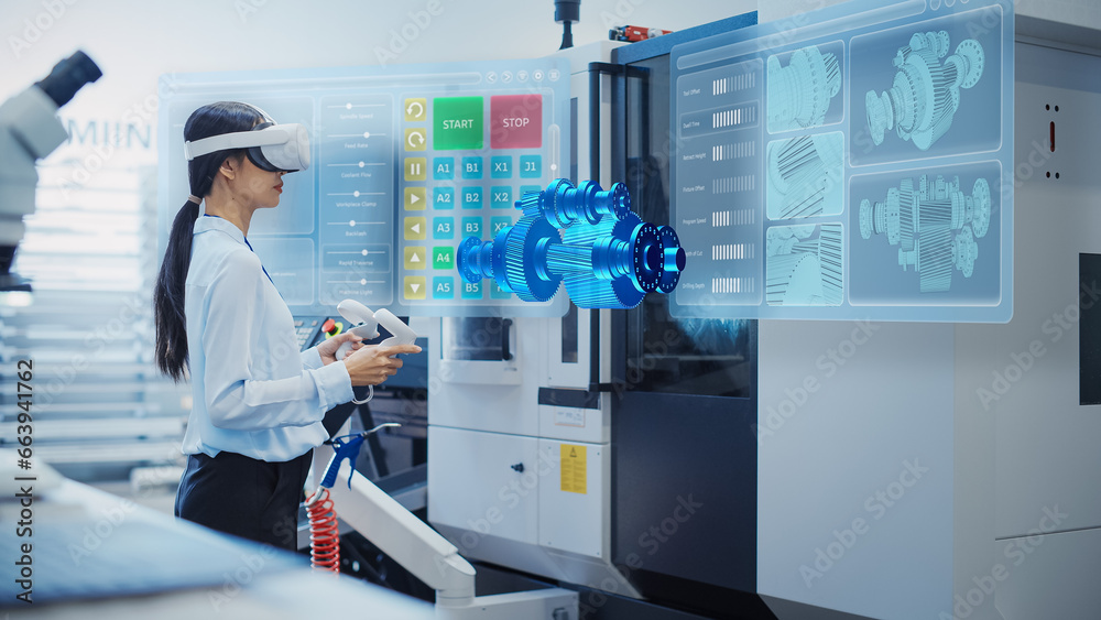 Poster professional research and development specialist wearing virtual reality headset, managing settings 