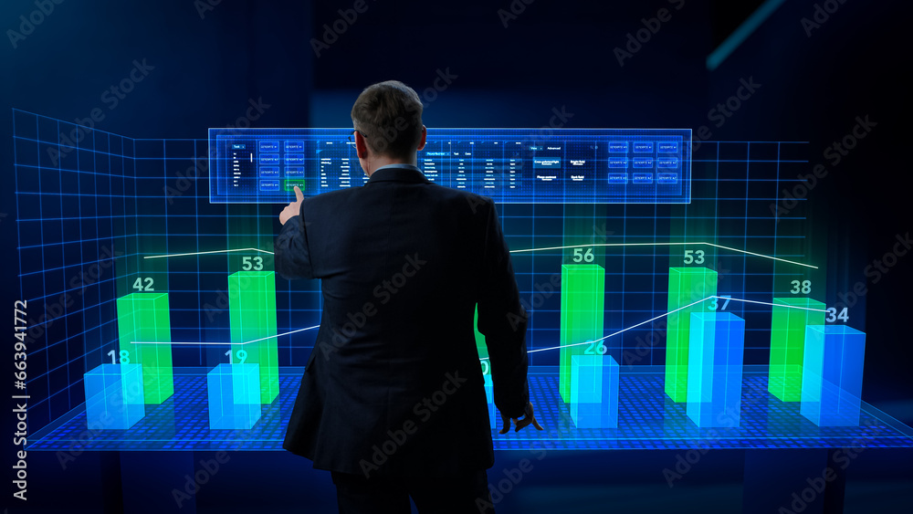 Leinwandbilder businessman working in a minimalistic digital space. manager using a virtual touch screen hologram w