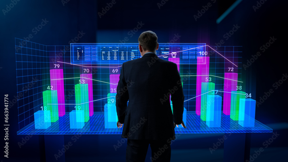 Aufkleber business metaverse and virtual space concept: businessman operating an augmented reality dashboard i