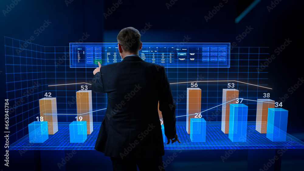 Aufkleber Businessman Working in Minimalistic Digital Space. Manager Using a Virtual Touch Screen Hologram with Multiple Options, Generating Percentage Charts and Infographics Based on Financial Big Data