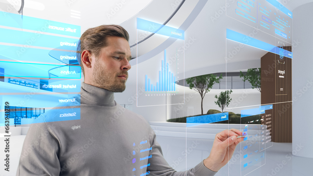 Leinwandbilder handsome man standing in a futuristic virtual space, interacting with an augmented reality hologram 